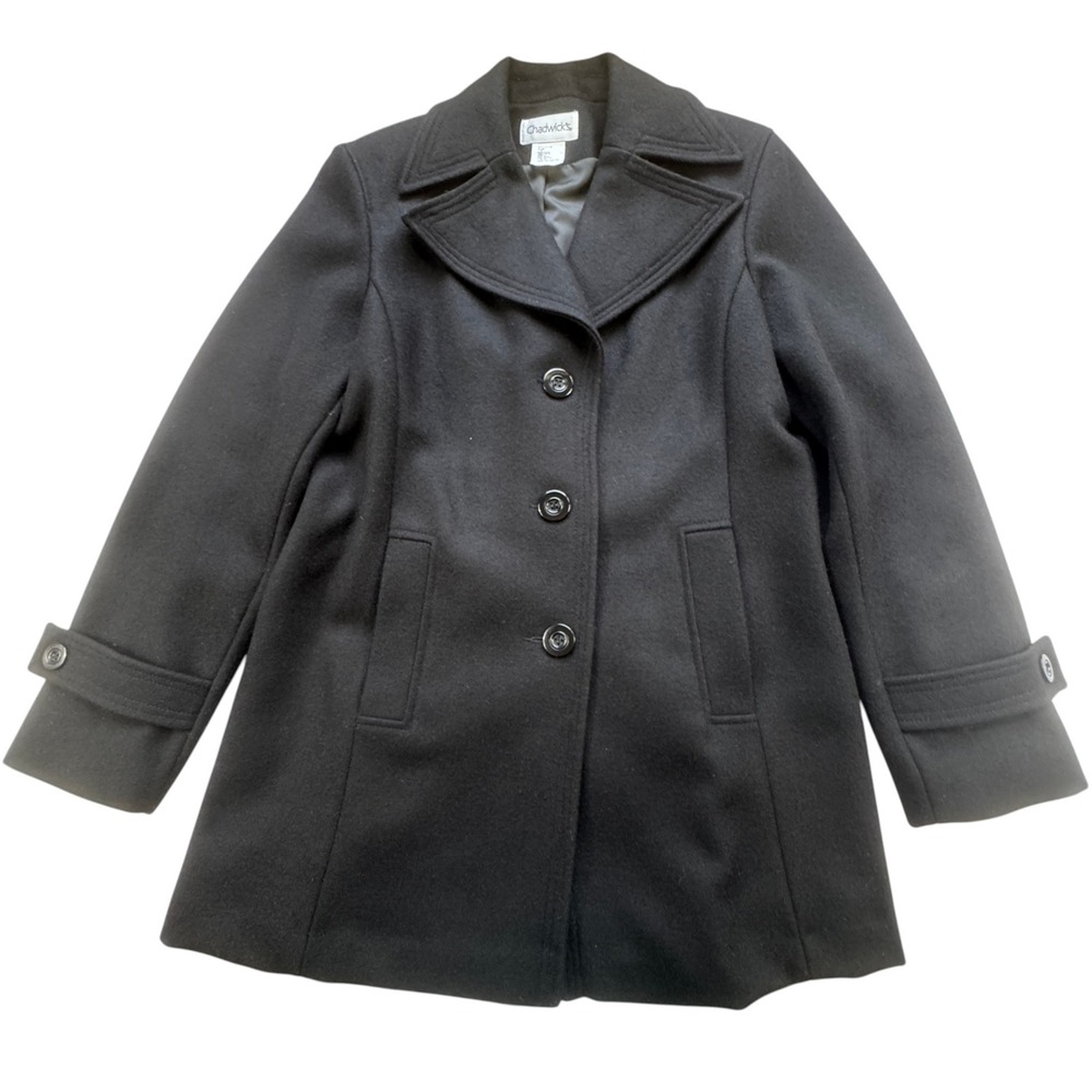 Chadwicks Black Wool Pea Coat Womens 8 Three Button Mid Length Winter Jacket VTG